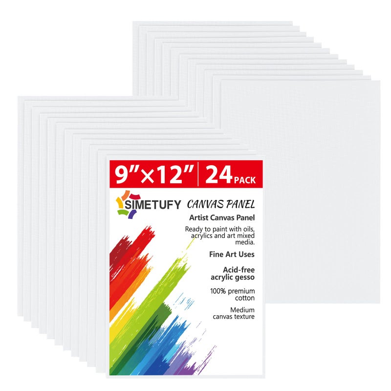 Simetufy Simetufy 24 Pack 9 x 12 inch Flat Canvas Boards for Painting 8oz Gesso Primed AcidFree 100 Cotton Canvas Panels for Acrylics Oil Watercolor Tempera Paints 