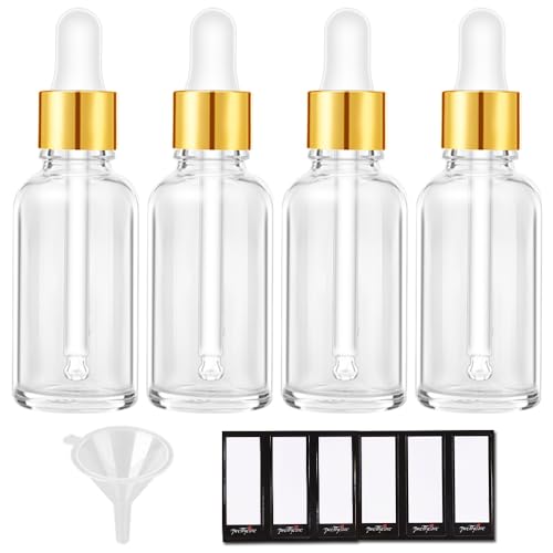 PrettyCare 2 oz Dropper Bottles 4 Pack Clear Glass Bottles 60ml with Golden Caps 12 Labels Funnel Measured PipettesEmpty Tincture for Essential Oils Skincare - Image 1