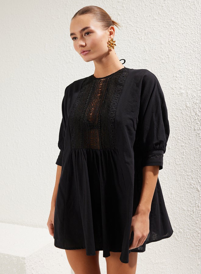 trendyol Black*001 Plain Regular Midi Woven Lace Detail 100% Cotton Dress - Image 1