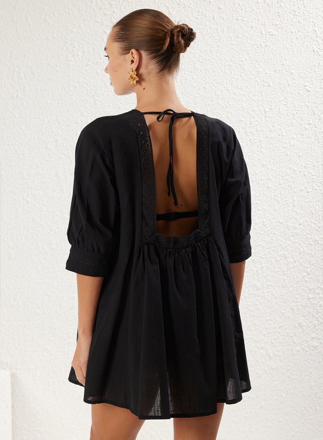 trendyol Black*001 Plain Regular Midi Woven Lace Detail 100% Cotton Dress - Image 5