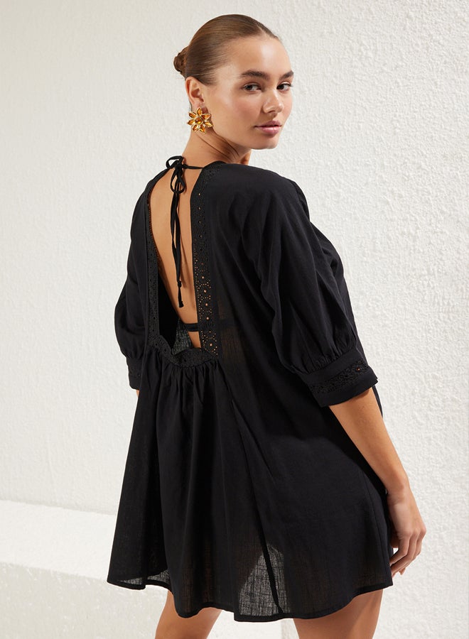 trendyol Black*001 Plain Regular Midi Woven Lace Detail 100% Cotton Dress - Image 2