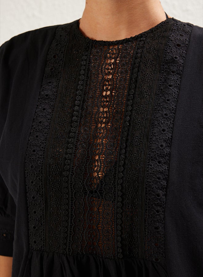 trendyol Black*001 Plain Regular Midi Woven Lace Detail 100% Cotton Dress - Image 4