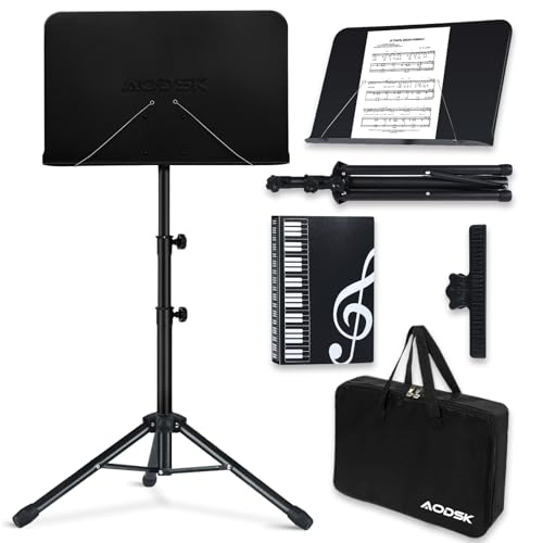 AODSK Sheet Music Stand,5 in 1 Dual-Use Folding Sheet Music Stand & Desktop Book Stand with Portable Carrying Bag & Music Sheet Clip Holder & Sheet Music Book(Black) (AS-M55) - Image 1