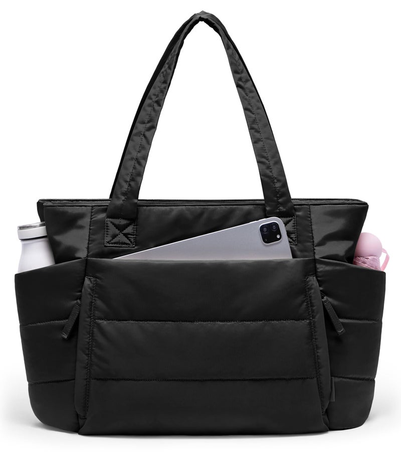 Uselike Tote Bag for Women with Zipper, Quilted Puffer Tote Bag with Compartments, Lightweight Puffy Work Bags for Women Travel (Black) - Image 1