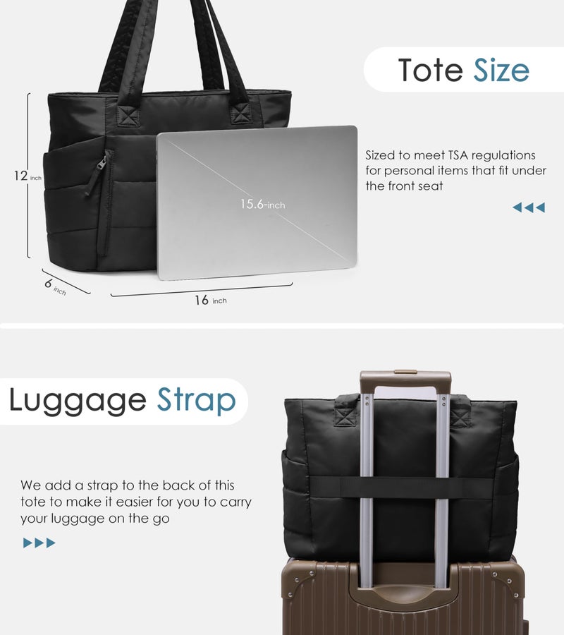 Uselike Tote Bag for Women with Zipper, Quilted Puffer Tote Bag with Compartments, Lightweight Puffy Work Bags for Women Travel (Black) - Image 5