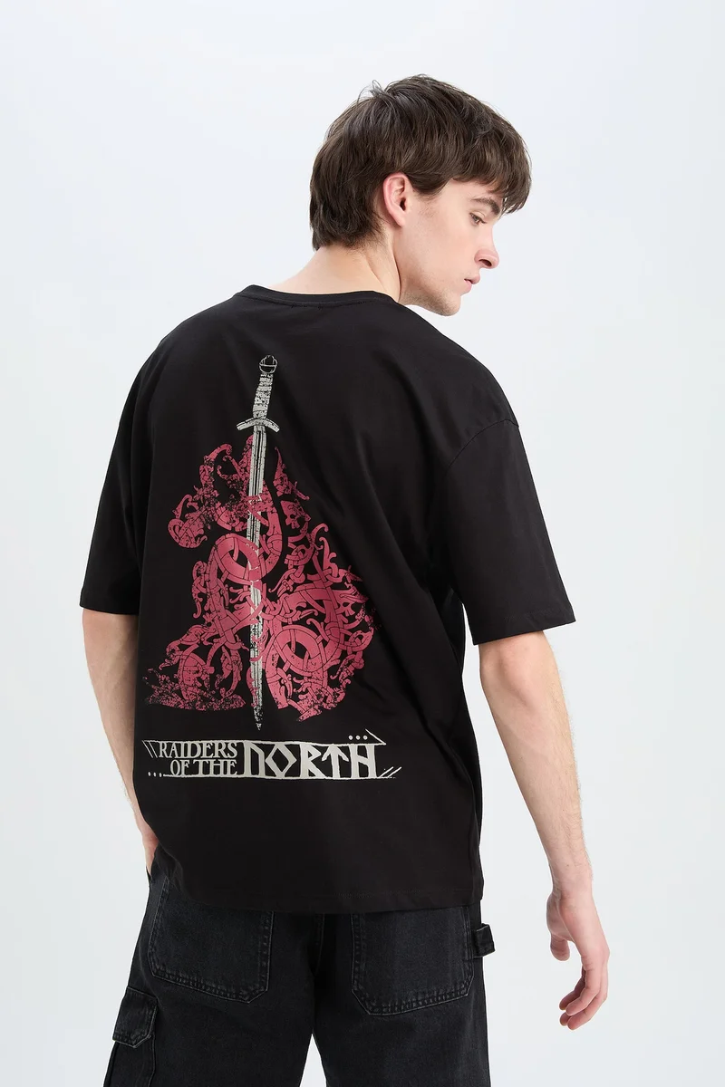 Oversize Vikings Valhalla Crew Neck Printed Short Sleeve T-Shirt