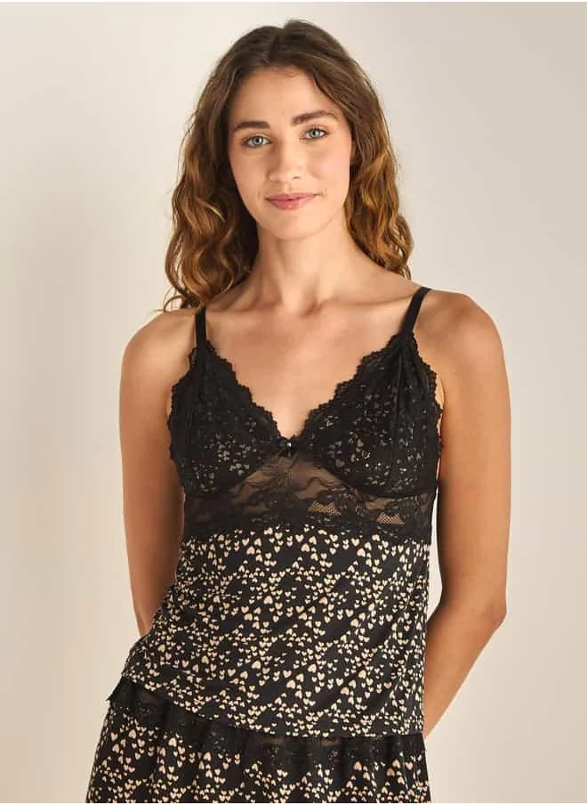فاف Heart Print Camisole and Shorts Set with Lace Detail