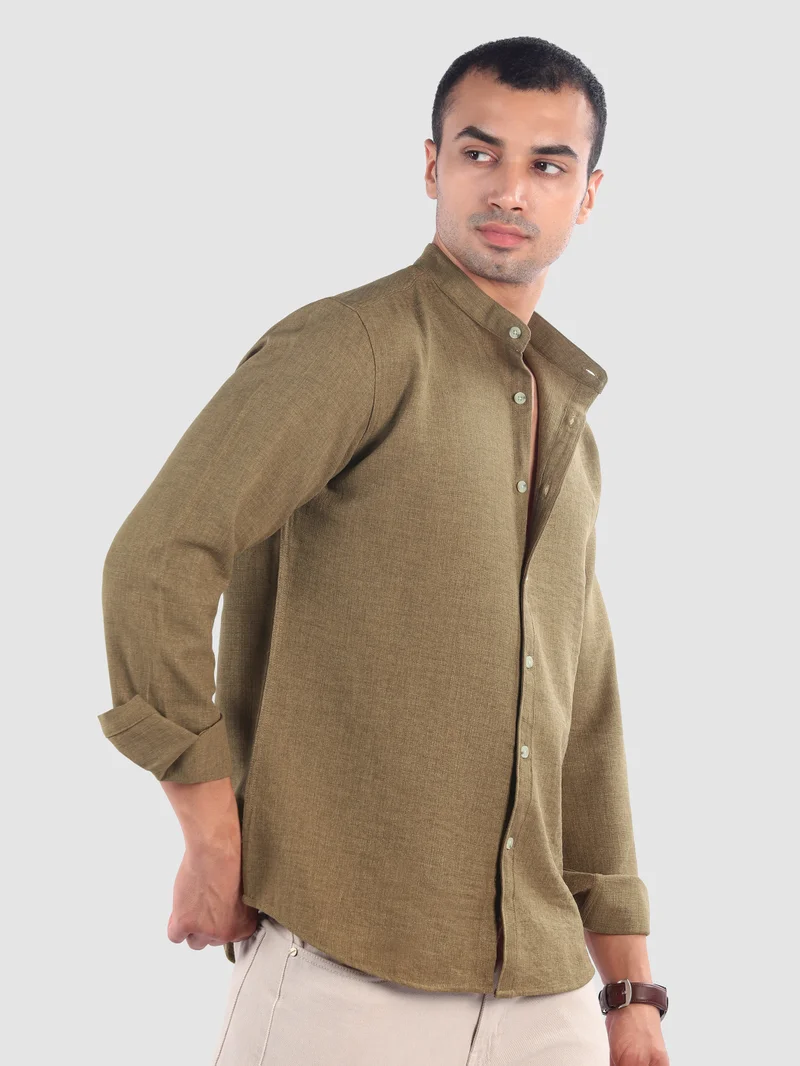 Beyoung Khaki Brown Breezy Stand Collar Shirt