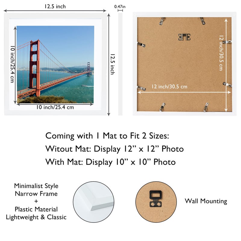 HEYTUYA 12x12 Picture Frame White for Wall Hanging  Poster Frame Display 10x10 inch with Mat or 12x12 Without Mat  Square Wall Gallery Photo Frame with Shatter Resistant Plexiglas  White - Image 2