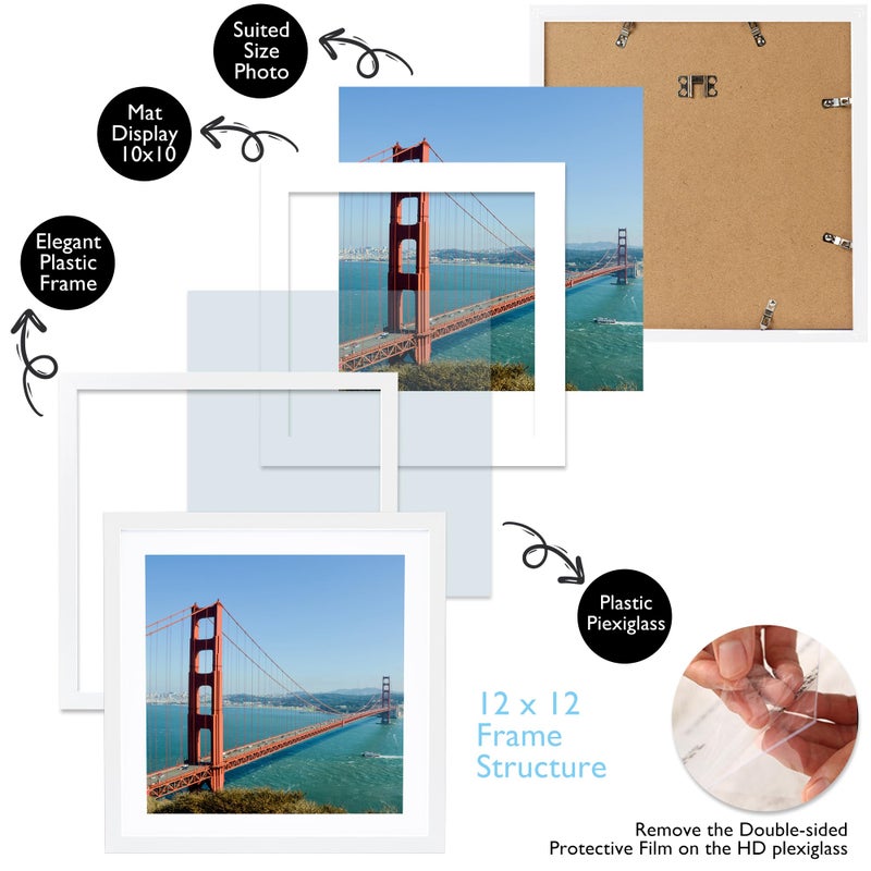 HEYTUYA 12x12 Picture Frame White for Wall Hanging  Poster Frame Display 10x10 inch with Mat or 12x12 Without Mat  Square Wall Gallery Photo Frame with Shatter Resistant Plexiglas  White - Image 3