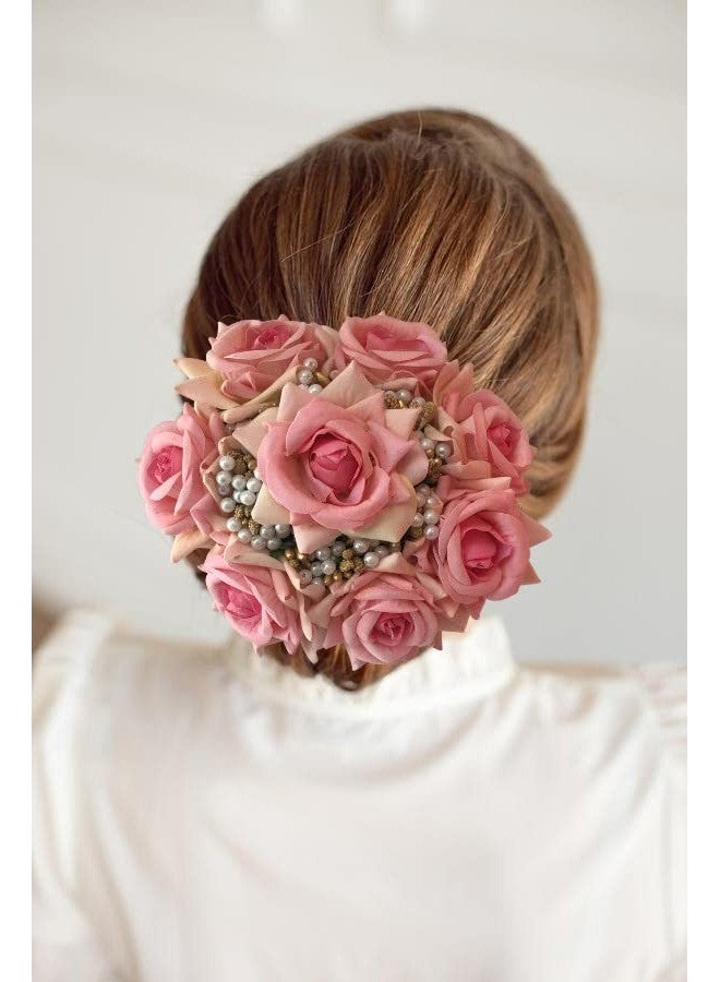Samyak Beautiful Bridal Big Sized Hair Bun Handmade Juda Bun for Wedding Party Artificial Flowers Based Jumbo Sized Hair Piece Accessory Set Juda Decoration (Baby Pink) - Image 2