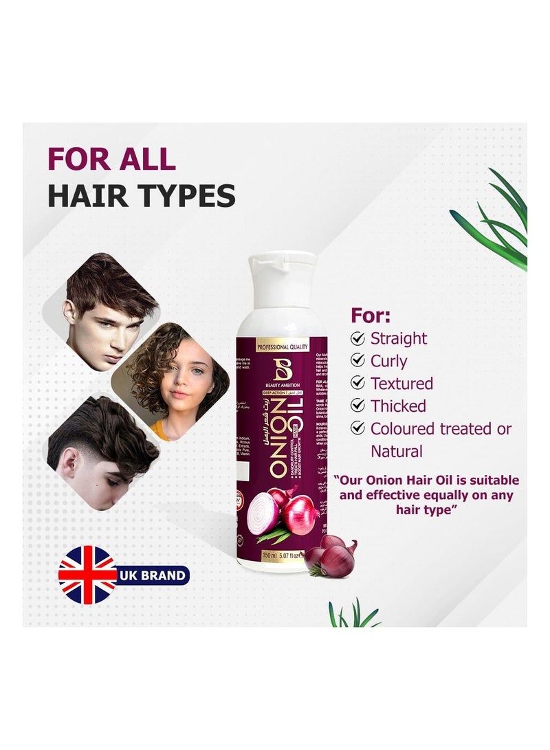 Onion Oil Organic Hair Oil for Stimulating Growth and Thickness, Nourishing Dry and Damaged Hair and Scalp, Non-Sticky, Non-Greasy Formula, Suitable for All Hair Types, 150ml