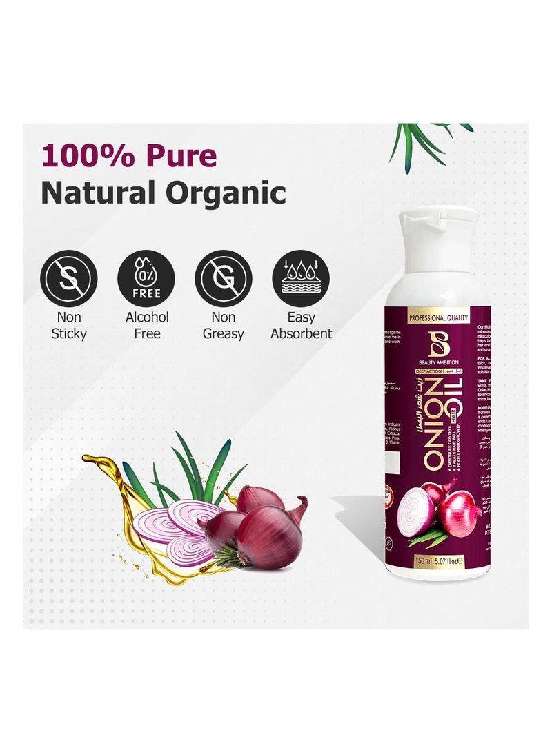 Onion Oil Organic Hair Oil for Stimulating Growth and Thickness, Nourishing Dry and Damaged Hair and Scalp, Non-Sticky, Non-Greasy Formula, Suitable for All Hair Types, 150ml