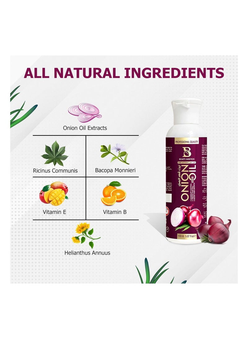 Onion Oil Organic Hair Oil for Stimulating Growth and Thickness, Nourishing Dry and Damaged Hair and Scalp, Non-Sticky, Non-Greasy Formula, Suitable for All Hair Types, 150ml