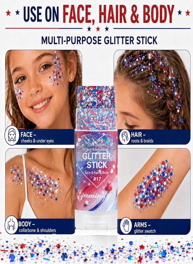 Paminify Red White Blue Hair Glitter Stick,4th of July Patriotic America Stripe Star Face Body Glitter,Fourth of July Accessories,Independence Day Waterproof Cheer Glitter Makeup for Women - Image 3