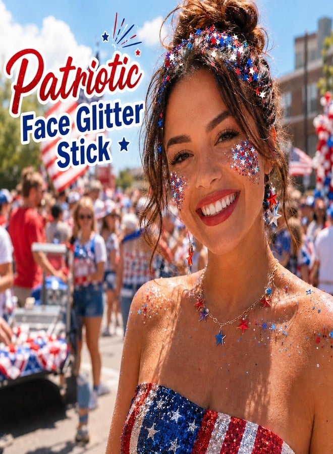 Paminify Red White Blue Hair Glitter Stick,4th of July Patriotic America Stripe Star Face Body Glitter,Fourth of July Accessories,Independence Day Waterproof Cheer Glitter Makeup for Women - Image 2