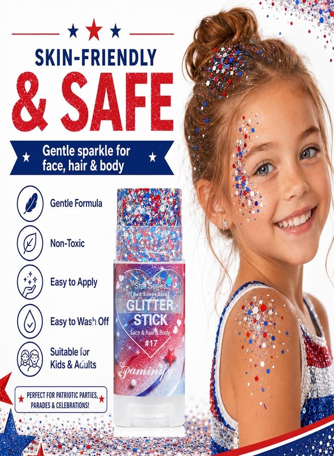 Paminify Red White Blue Hair Glitter Stick,4th of July Patriotic America Stripe Star Face Body Glitter,Fourth of July Accessories,Independence Day Waterproof Cheer Glitter Makeup for Women - Image 4
