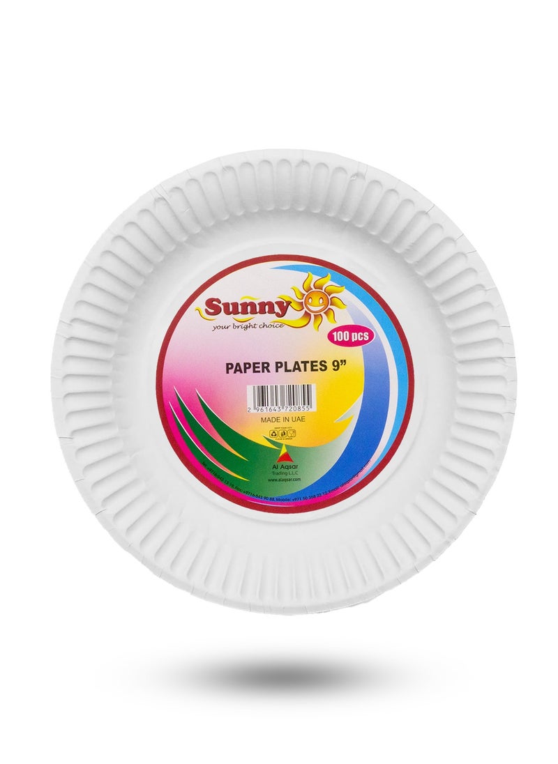 Sunny Your Bright Choice Disposable Paper Plates White Round 9 Inches, 100 Pieces  - Image 1