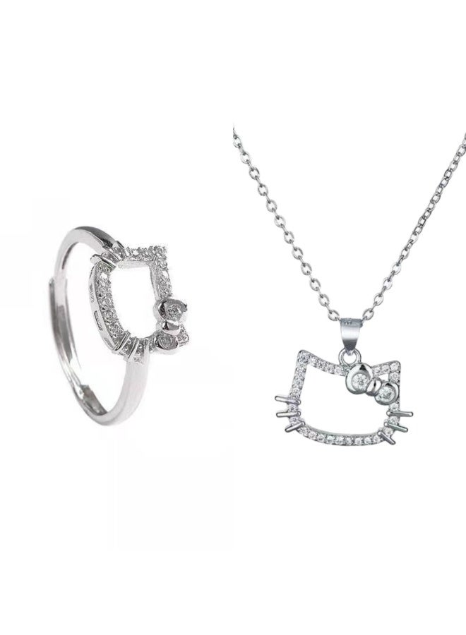Hello Kitty 1pcs Hello Kitty Necklace and Ring Set ,Length Adjustable Gift Stylish Accessory Jewelry,Ideal Birthday Gift - Image 1
