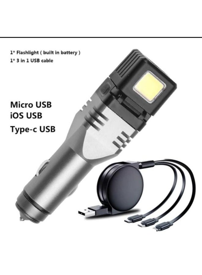 شاحن سيارة ألمنيوم مع ضوء طوارئ LED وقاطع زجاج، تايب سي - Image 1