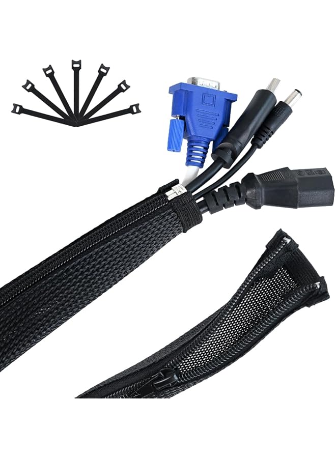 promass Cable Management, Cable Organizer, Cable Sleeve Self-Wrap Cord Hider, 10ft - 1/2 inch Wire Loom, Braided Wire Sleeves with Reusable Cable Ties Cord Organizer for TV PC Home Theater Automobile - Image 1