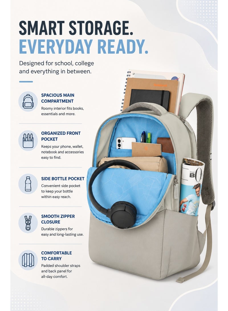 AMERICAN TOURISTER Bounce Backpack 27L Capacity, Polyester, Beige|15.6" Laptop Compartment|Front Pocket Compartment|Adjustable Padded Straps|Humidity Resistance|Bottle Holder|Ergo Back & Shoulder - 1 Year International Warranty - Image 5