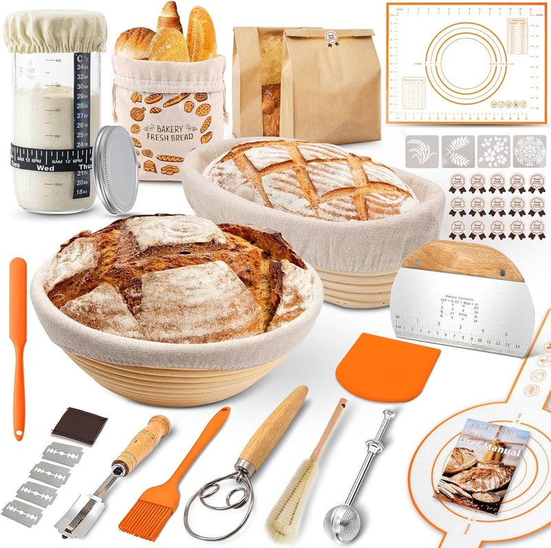 Complete Sourdough Bread Starter Kit with 2 Banneton Proofing Baskets, 34oz Starter Jar, Dough Whisk, Scrapers, Bread Lame, Mat, Sling, Flour Duster & More – Sourdough Tools & Accessories Set - Image 1