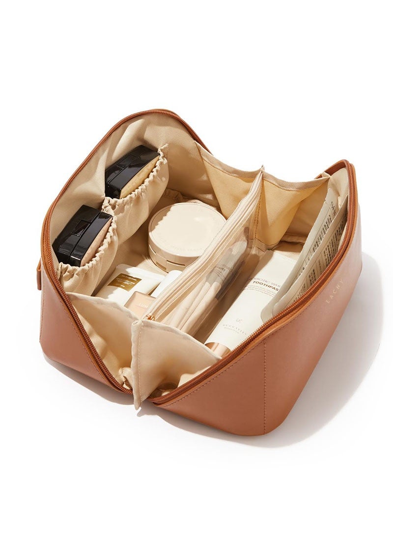 عام حقيبة مكياج سفر، حقائب تجميل كبيرة السعة للنساء، حقيبة محمولة مقاومة للماء تفتح بشكل مسطح لحقيبة المرحاض، حقيبة مكياج منقوشة. - Image 1