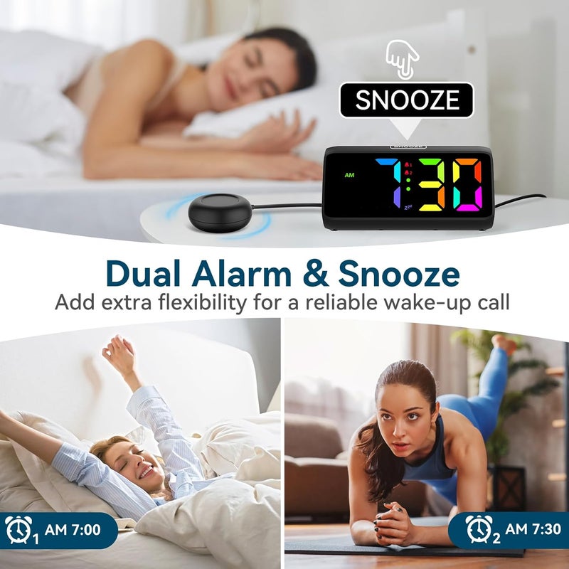 Netzu Loud Alarm Clock for Heavy Sleepers, Plug-in RGB Vibrating Alarm Clocks with Bed Shaker, 5 Dimmers, 2 Alarms and Snooze for Bedrooms Hearing Impaired Deaf Adults (Black) - Image 5