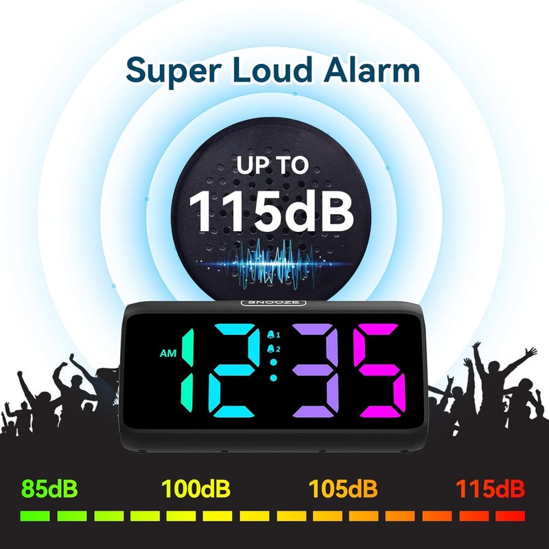 Netzu Loud Alarm Clock for Heavy Sleepers, Plug-in RGB Vibrating Alarm Clocks with Bed Shaker, 5 Dimmers, 2 Alarms and Snooze for Bedrooms Hearing Impaired Deaf Adults (Black) - Image 4