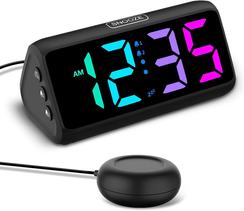 Netzu Loud Alarm Clock for Heavy Sleepers, Plug-in RGB Vibrating Alarm Clocks with Bed Shaker, 5 Dimmers, 2 Alarms and Snooze for Bedrooms Hearing Impaired Deaf Adults (Black) - Image 1