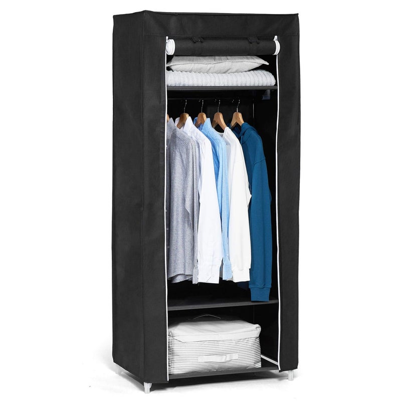 Hododou Single Canvas Wardrobe Portable Wardrobe Fabric Wardrobes for Bedroom Foldable Closet with Hanging Rail and Shelves for Clothes Bags Toys Shoes 160 x 59 x 43CM Black