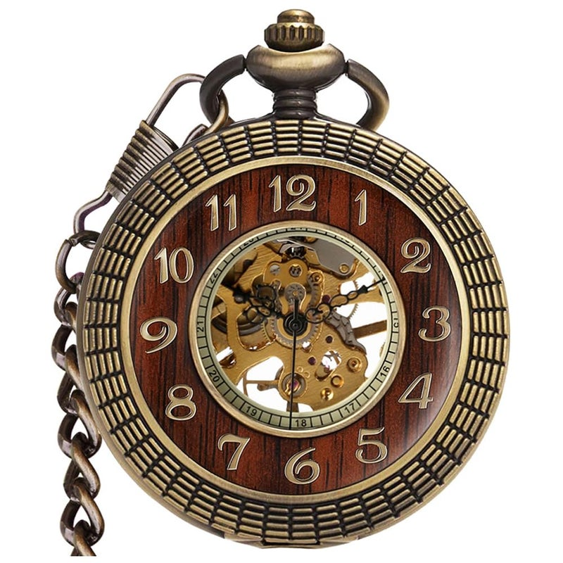 VIGOROSO Mens HandWind Mechanical Pocket Watch Vintage Steampunk Wood Grain Hollow Design with Chain and Box - Image 2