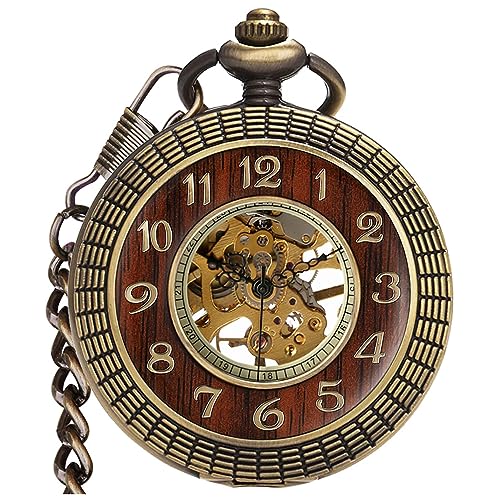 VIGOROSO Mens HandWind Mechanical Pocket Watch Vintage Steampunk Wood Grain Hollow Design with Chain and Box - Image 1