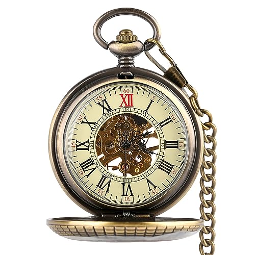 VIGOROSO Mens HandWind Mechanical Pocket Watch Vintage Steampunk Wood Grain Hollow Design with Chain and Box - Image 3
