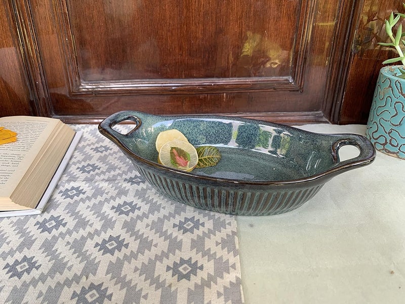 Lemon Tree Oval Ceramic Stoneware Medium Serving Dish Bowl with Handle Bowl for Serving Starters and Snacks Microwave and Dishwasher Safe Bowl 600mlSet of 1 Green - Image 1