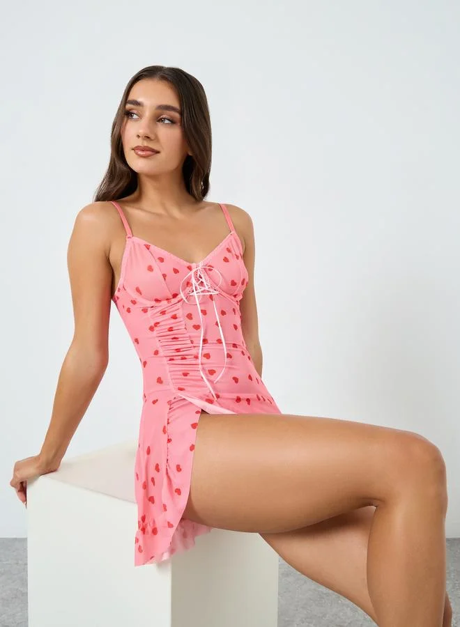 تايك تو طقم قميص نوم شبكي بأسلاك مطبع بقلوب مع سروال داخلي