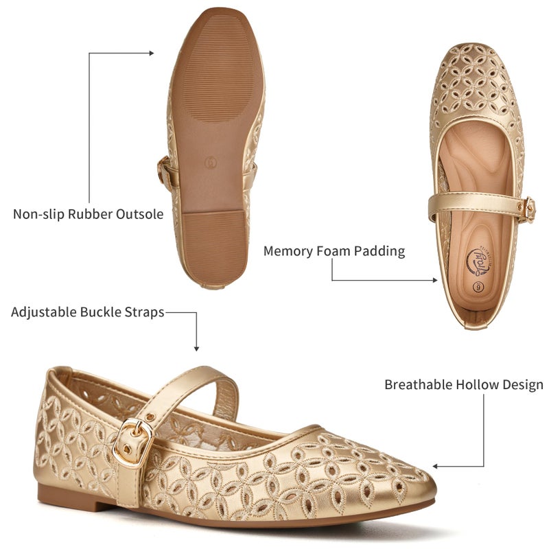 Trary Mary Jane Shoes Women, Hollow Flats for Women, Ballet Flats Shoes Round Toe Mary Jane Flats, Gold Flats Shoes Dressy Comfortable Size 8 - Image 5