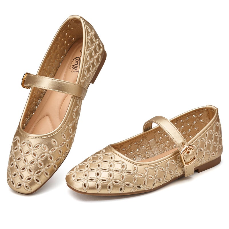Trary Mary Jane Shoes Women, Hollow Flats for Women, Ballet Flats Shoes Round Toe Mary Jane Flats, Gold Flats Shoes Dressy Comfortable Size 8 - Image 1