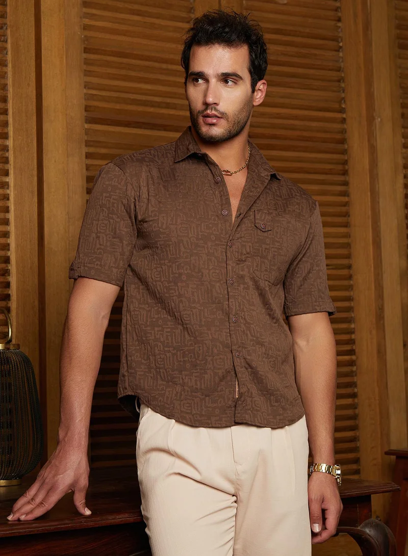 Campus Sutra Campus Sutra Men's Chocolate Brown Aztec-Tactile Oversized Shirt For Casual Wear | Spread Collar | Short Cuffed Sleeves | Button Closure | Oversized Shirt Crafted With Comfort Fit For Everyday Wear