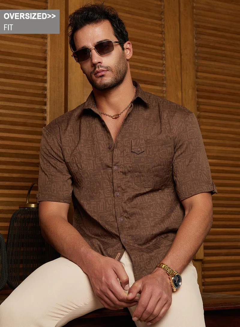 Campus Sutra Campus Sutra Men's Chocolate Brown Aztec-Tactile Oversized Shirt For Casual Wear | Spread Collar | Short Cuffed Sleeves | Button Closure | Oversized Shirt Crafted With Comfort Fit For Everyday Wear