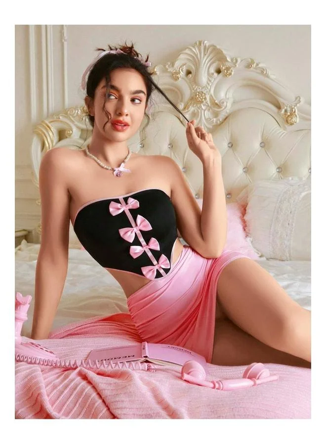 فييل فستان نسائي أسود بحزام بنيق جذاب، زي خيال نسائي، فستان نوم بنيق جذاب، BDSM.