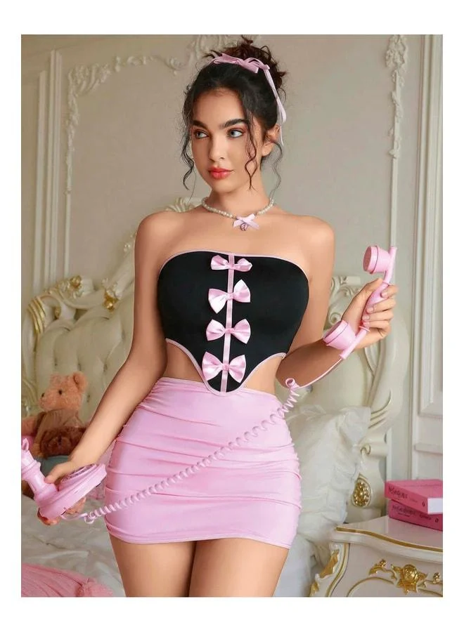 فييل فستان نسائي أسود بحزام بنيق جذاب، زي خيال نسائي، فستان نوم بنيق جذاب، BDSM.