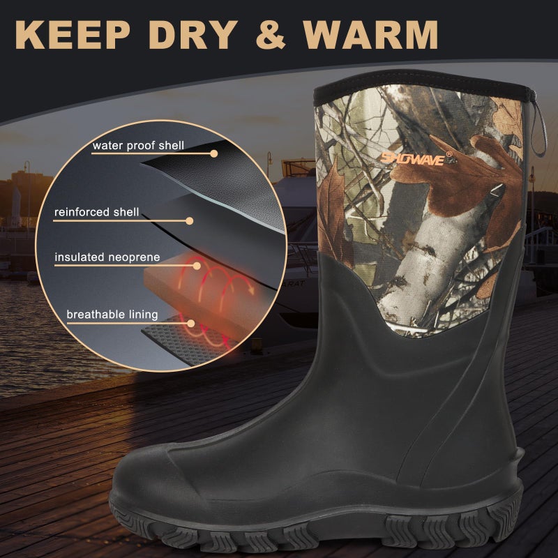 Showave Classic Men's Rubber Boots Waterproof Rain Boots Insulated Neoprene Boot Mud Boot for Farming Hunting Gardening Yard Chore Working, Size 11,Camo - Image 4