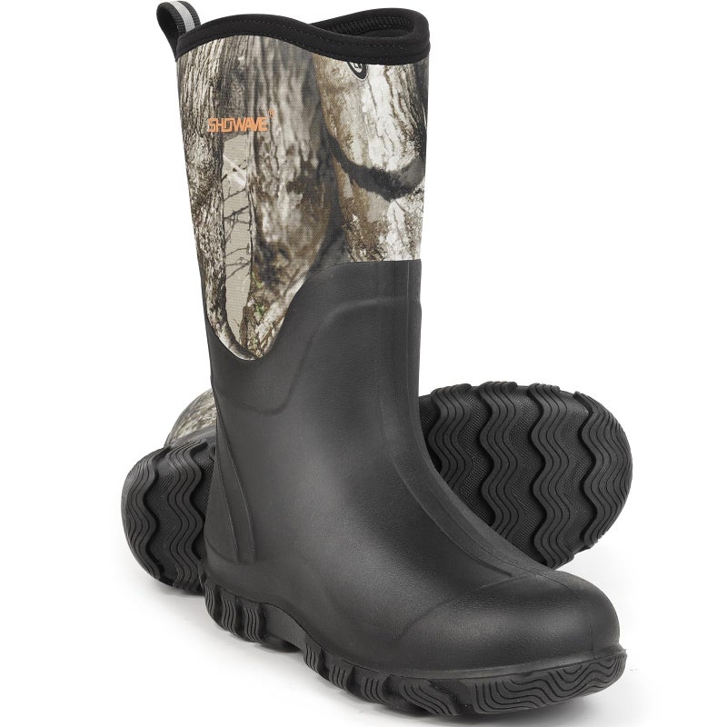 Showave Classic Men's Rubber Boots Waterproof Rain Boots Insulated Neoprene Boot Mud Boot for Farming Hunting Gardening Yard Chore Working, Size 11,Camo - Image 1