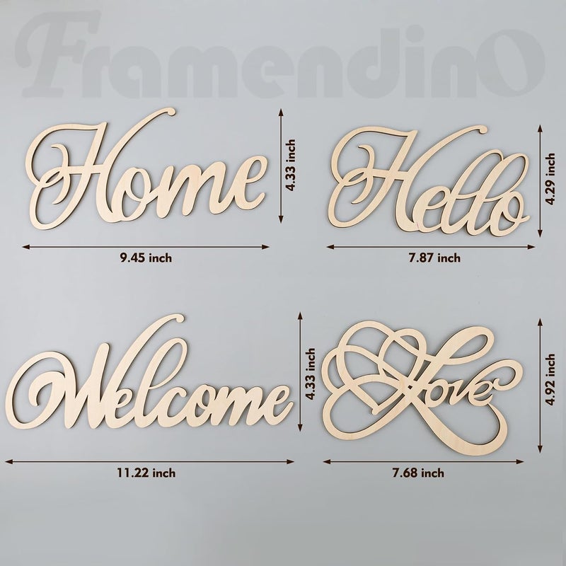 Framendino, 4 Pack Unfinished Wood Word Cutout Sign Welcome Hello Wood Cutout Wooden Home Love Sign Wreath DIY Block Words Letters Decorative Signs - Image 2
