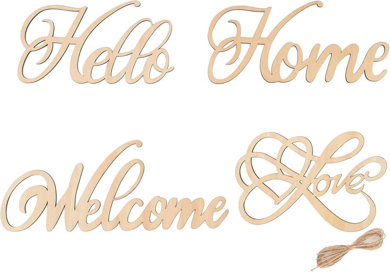 Framendino, 4 Pack Unfinished Wood Word Cutout Sign Welcome Hello Wood Cutout Wooden Home Love Sign Wreath DIY Block Words Letters Decorative Signs - Image 1