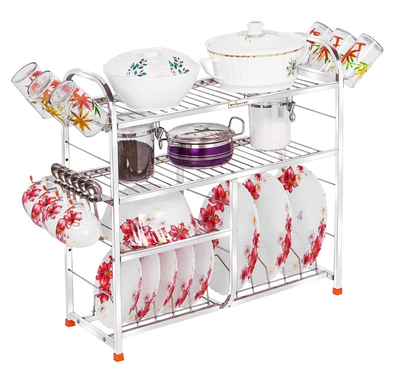 WINSTAR Stainless Steel 4 Shelf Wall Mount Kitchen Utensils Rack | Dish Rack with Plate & Cutlery Stand | Modular Kitchen Storage Rack | Kitchen Organizer | 24 L x24 H inches (Lower Plate) - Image 1