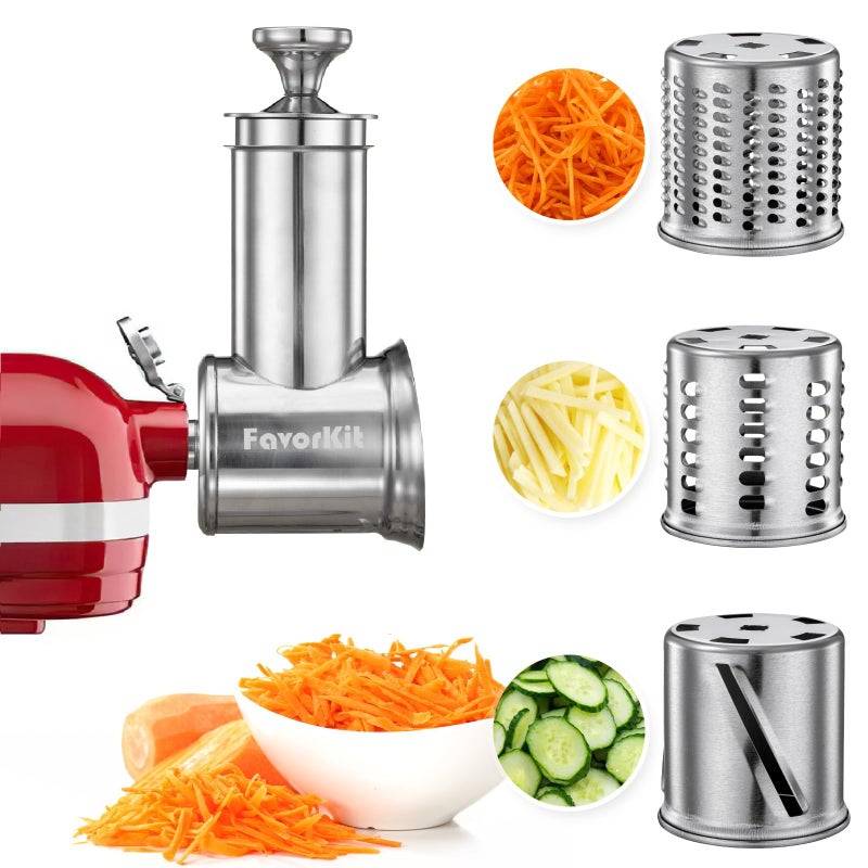 FavorKit Slicer Shredder Attachment for KitchenAid Mixers Stainless Steel Cheese Grater Salad Maker Accessories with 3 Cutting BladesDishwasher Safe