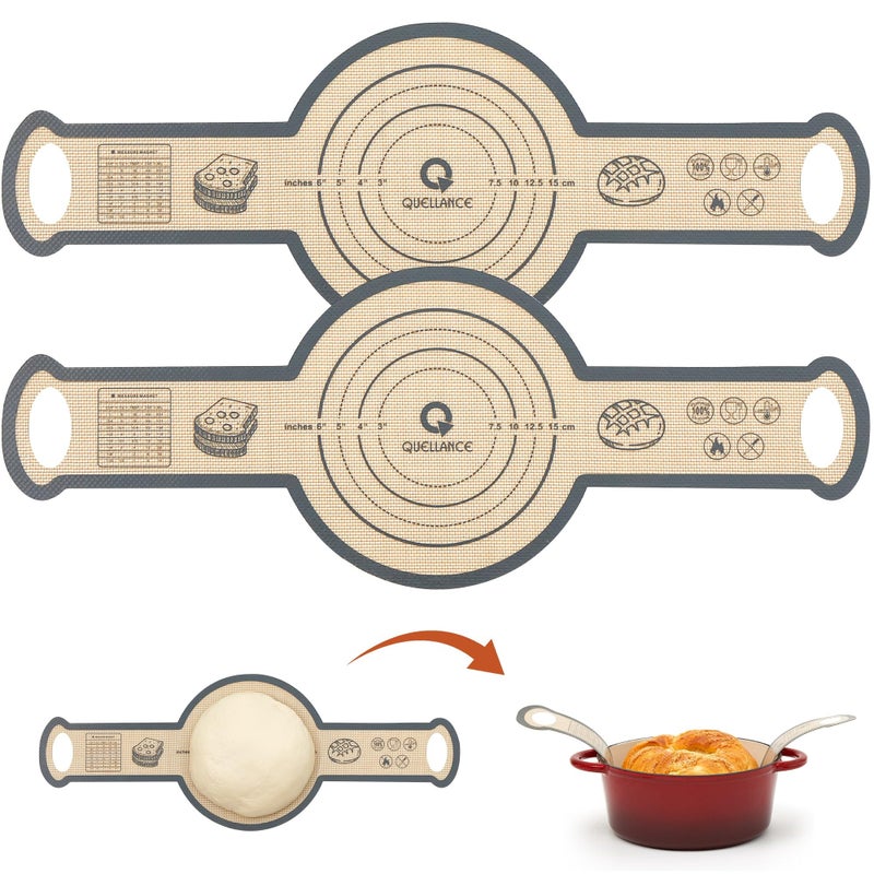 Quellance Silicone Sourdough Bread Sling Mat - 2Pcs Round Dough Baking Slings for Dutch Oven, NonStick High Degree Kitchen Sourbread Making Loaf Pan Lifter Liner, Reusable Cooking Transfer Mats with Long Handle - Image 1